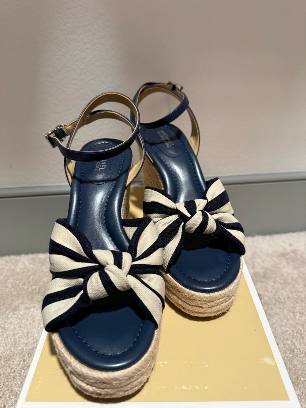 Michael Kors Navy & Cream Striped Bow Espadrille Wedges with Ankle Strap